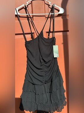 wild fable Black Ruched Spaghetti-Strap Tiered Mini Dress
